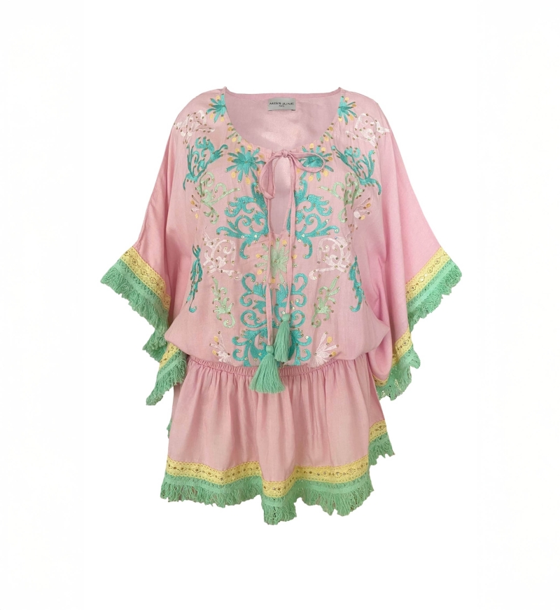 Vestido Curto Sejla: rosa - peitoral bordado - 100% Modal - franjas de algodão - toque boêmio - Miss June Paris - 6