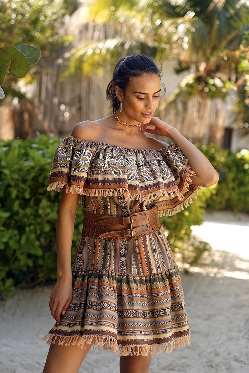 Shiloh short dress - brown - embroidered sequins - Miss June Paris - 2