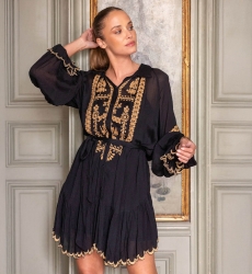 Vestido curto Eleonora - preto - bordado dourado - mangas longas - Miss June Paris - 1