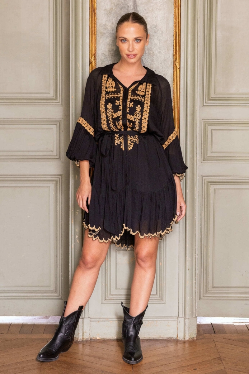 Vestido corto Eleonora - negro - bordado dorado - manga larga - Miss June Paris - 2