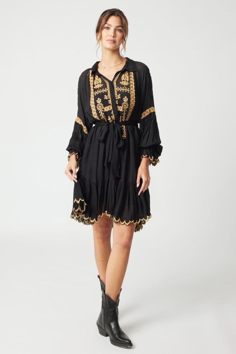 Eleonora short dress - black - gold embroidery - long sleeves - Miss June Paris - 3