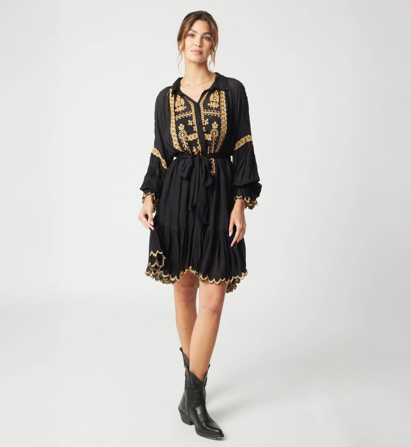 Eleonora short dress - black - gold embroidery - long sleeves - Miss June Paris - 3