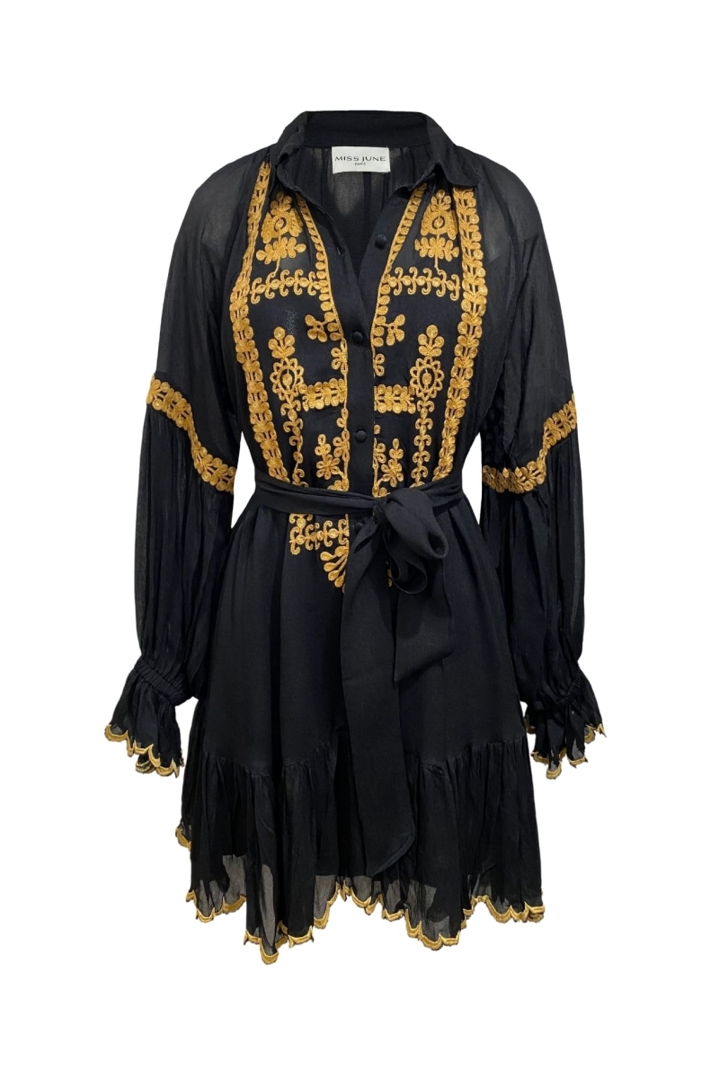 Vestido curto Eleonora - preto - bordado dourado - mangas longas - Miss June Paris - 6