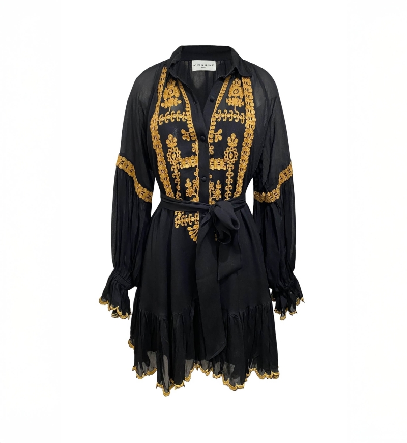 Eleonora short dress - black - gold embroidery - long sleeves - Miss June Paris - 6