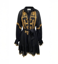 Eleonora short dress - black - gold embroidery - long sleeves - Miss June Paris - 6