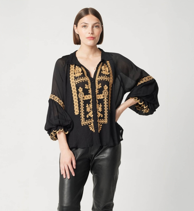 Anya women's shirt - black - embroidered details - long sleeve - bohemian chic look - Miss June Paris - 3