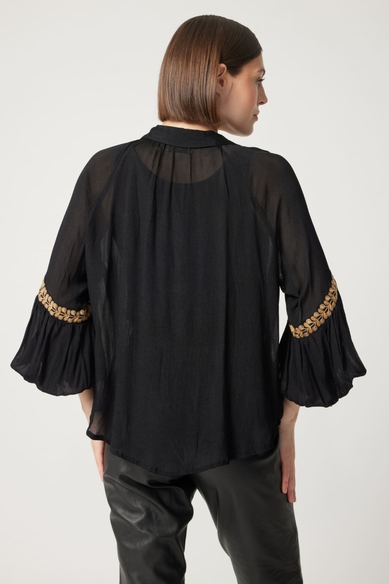 Anya women's shirt - black - embroidered details - long sleeve - bohemian chic look - Miss June Paris - 4