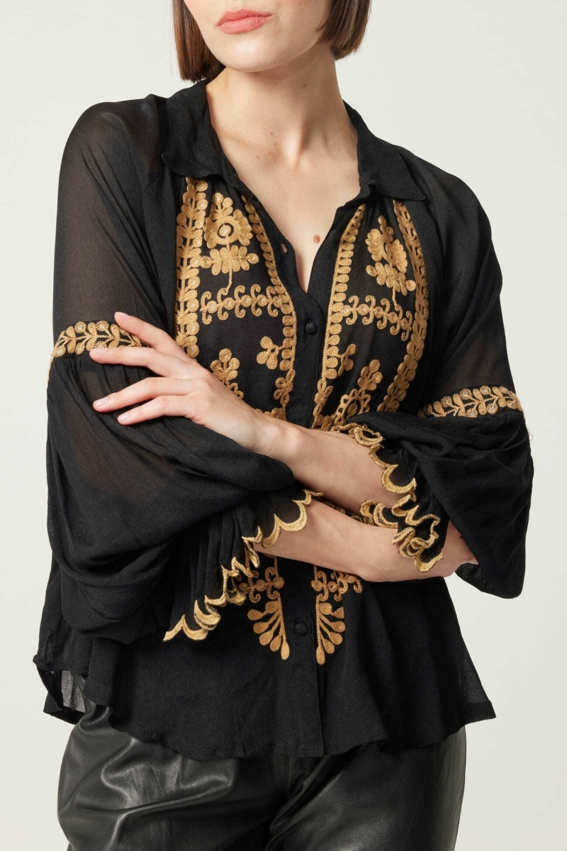 Anya women's shirt - black - embroidered details - long sleeve - bohemian chic look - Miss June Paris - 1