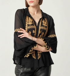 Anya women's shirt - black - embroidered details - long sleeve - bohemian chic look - Miss June Paris - 1