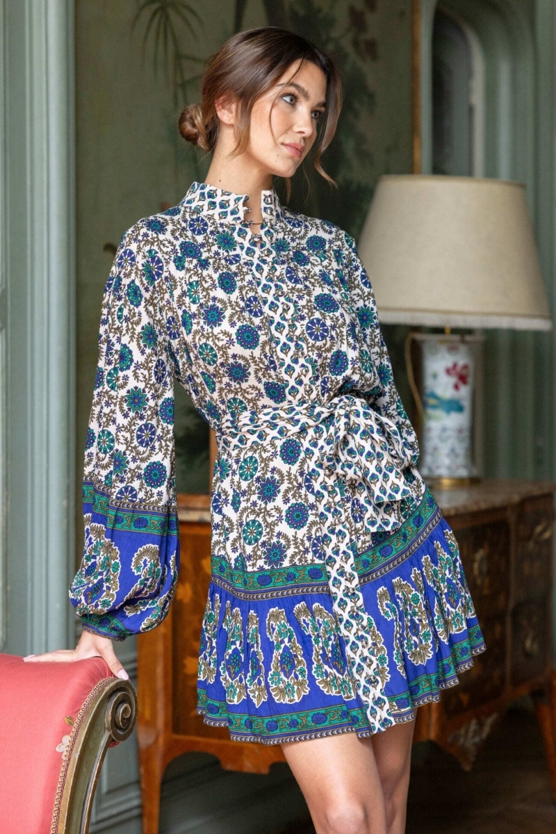 Vestido curto Charlotte - motivos em verde e bege - Miss June Paris - 1