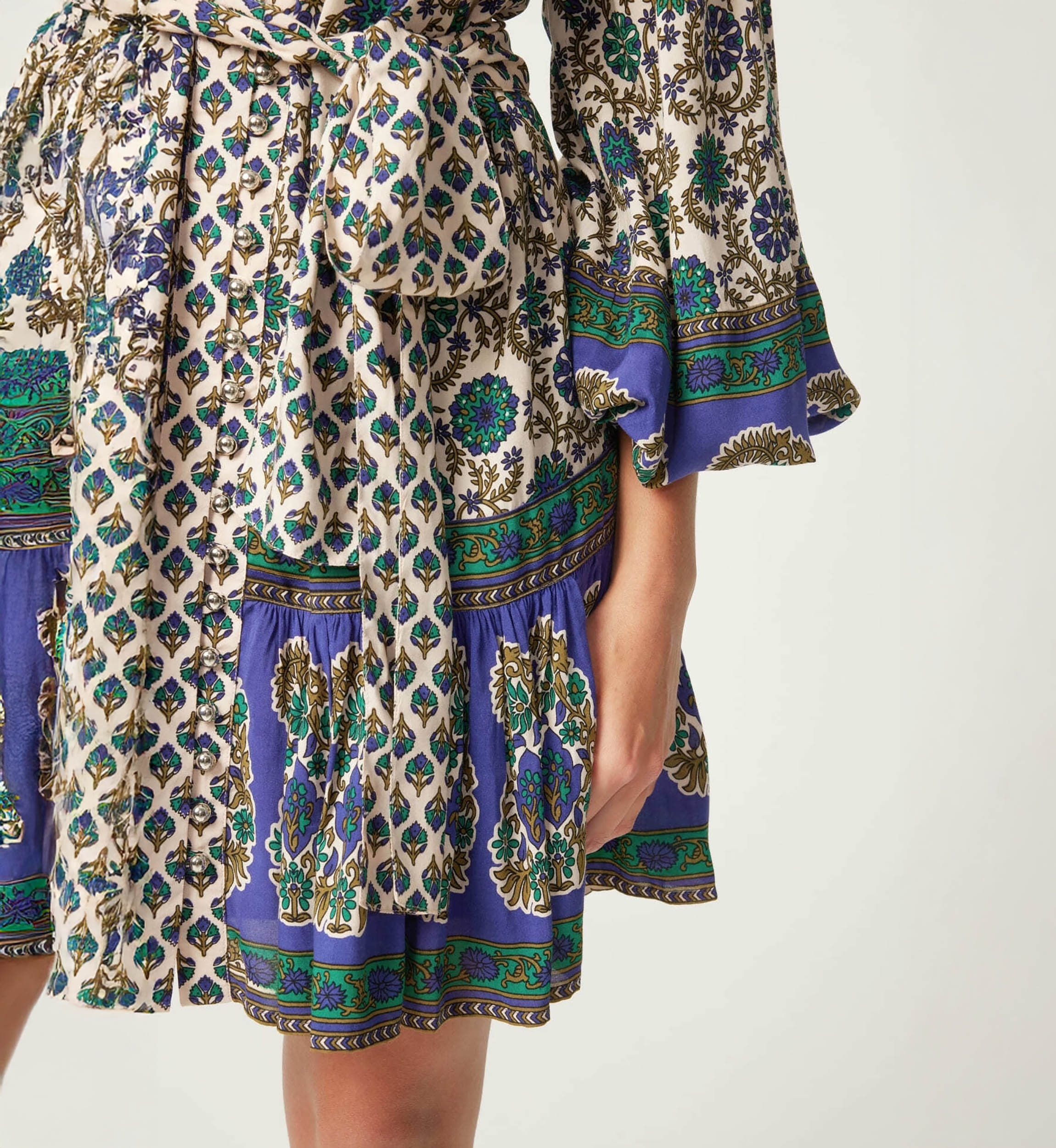 Charlotte short dress - green and beige motifs - Miss June Paris - 5