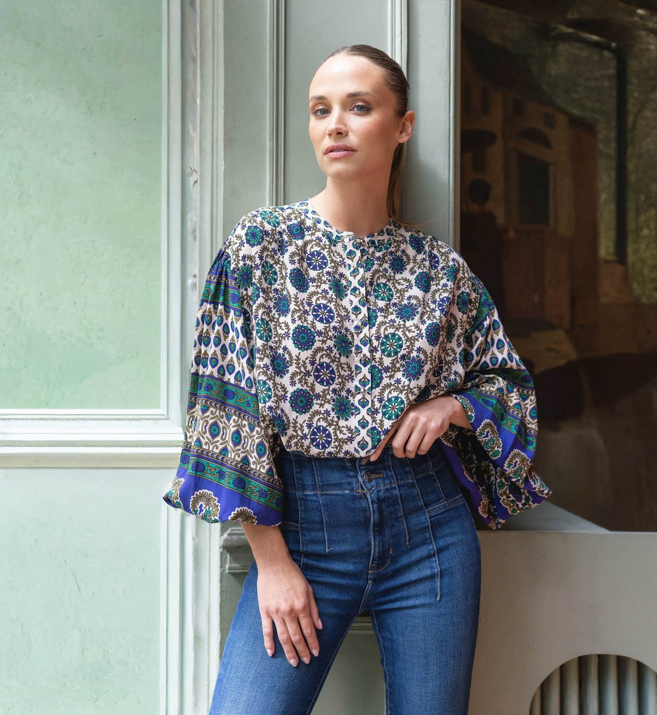 Blusa Ophelie - motivos verdes y beige - Miss June Paris - 2