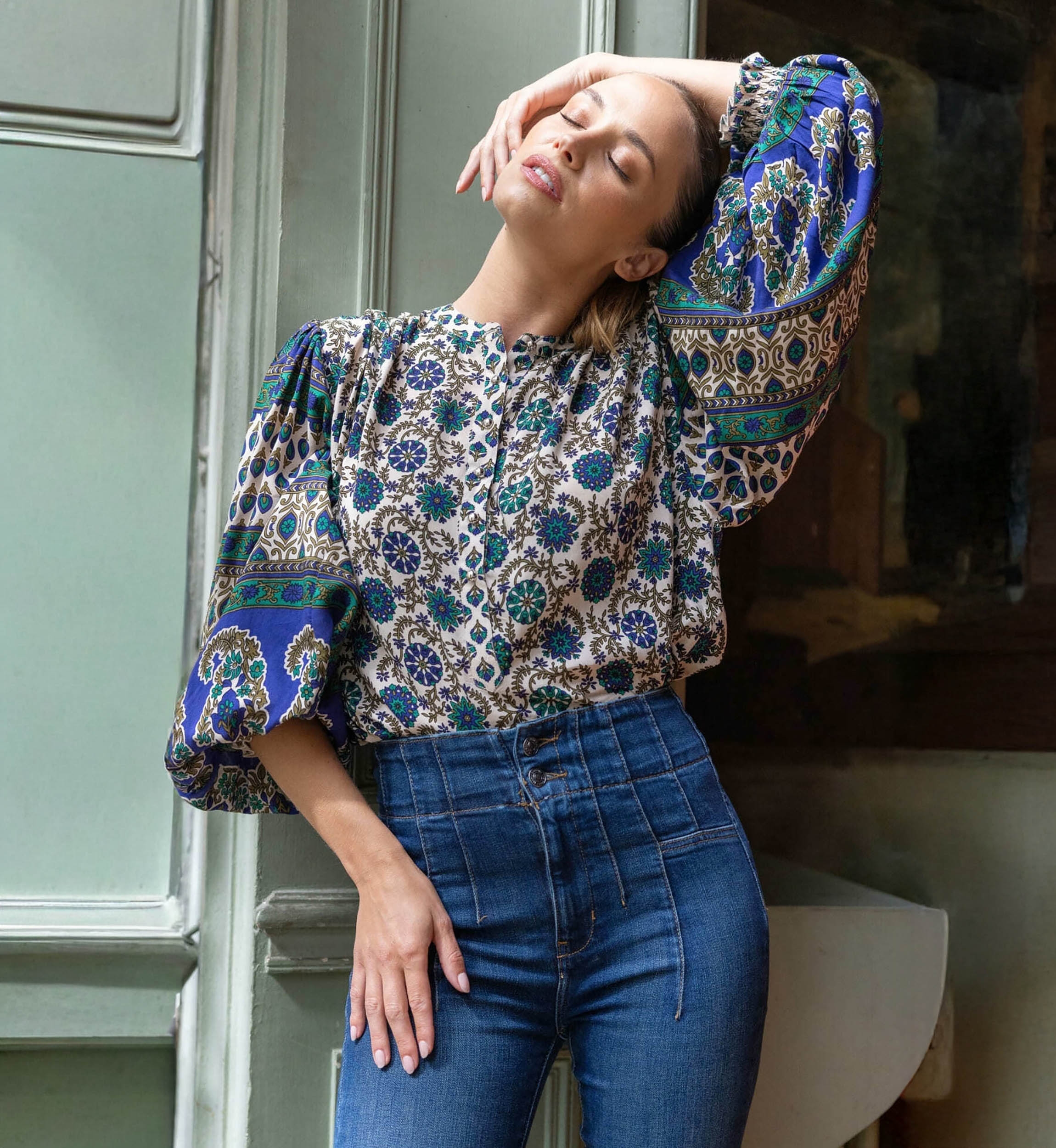 Ophelie blouse - green and beige motifs - Miss June Paris - 3