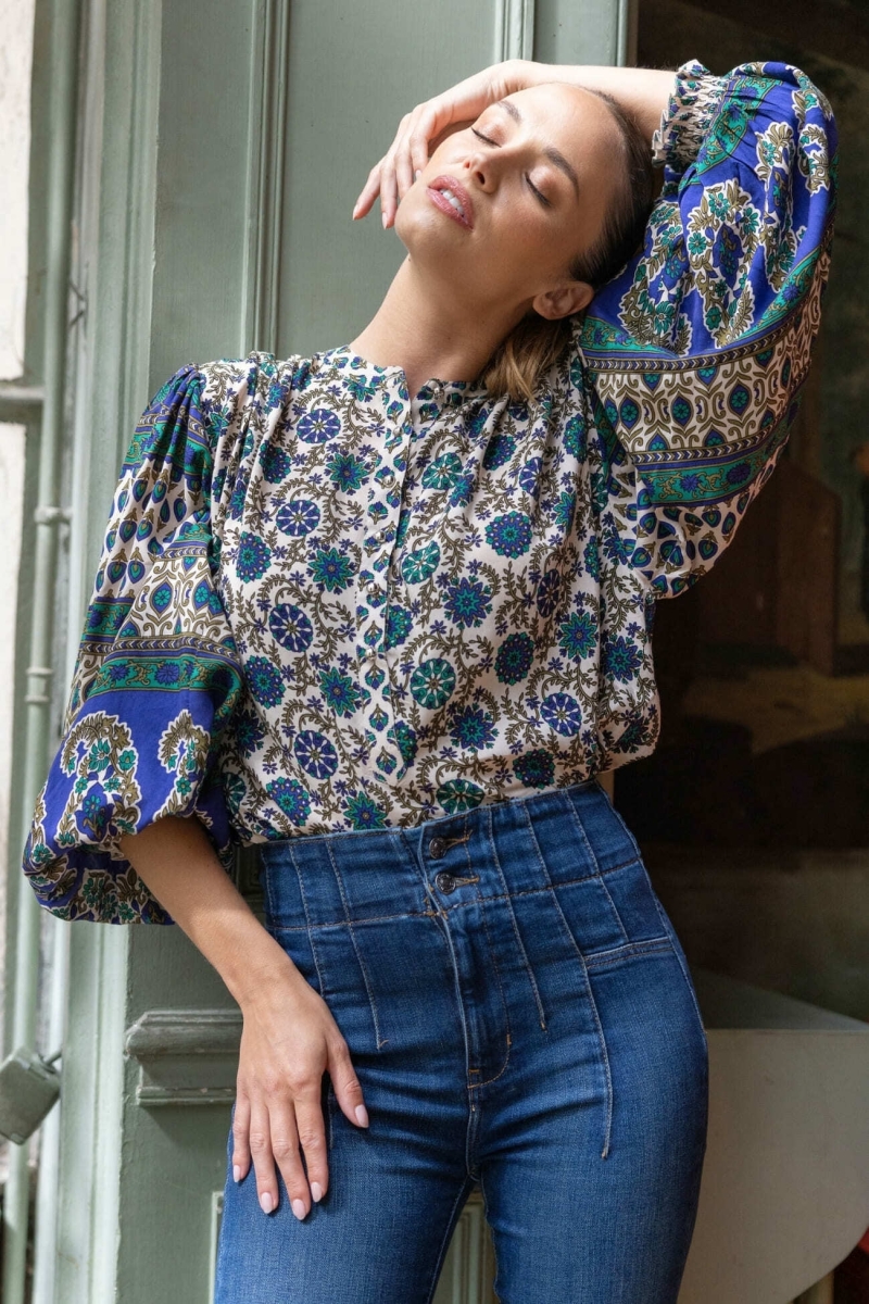 Blusa Ophelie - motivos verdes y beige - Miss June Paris - 3