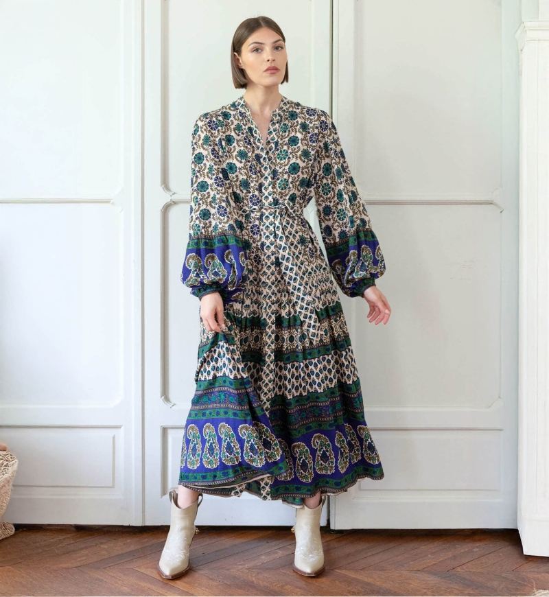 Eleonore long dress - beige and green - Miss June Paris - 1