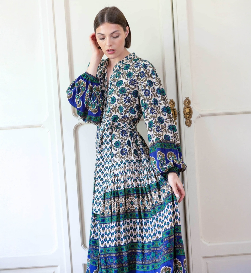 Vestido largo Eleonore - beige y verde - Miss June Paris - 2