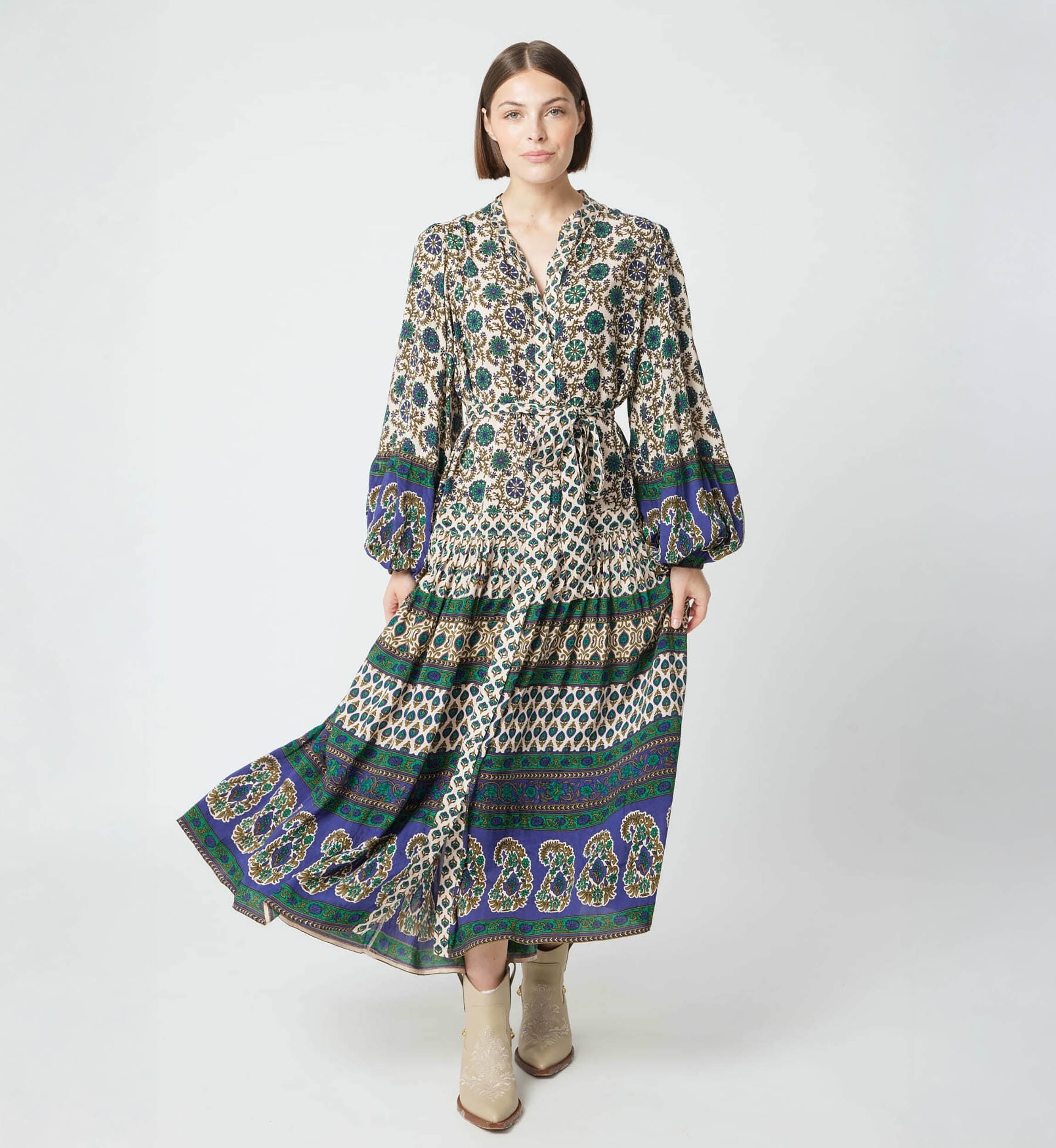 Eleonore long dress - beige and green - Miss June Paris - 3