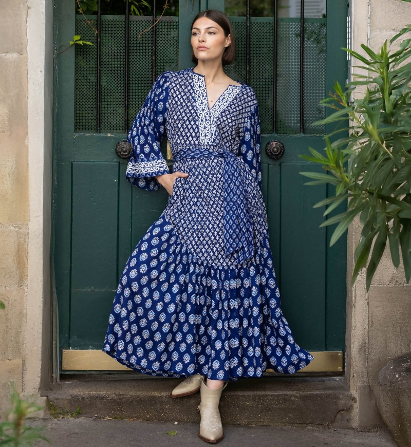 Vestido longo Elise - motivos bordados brancos - Miss June Paris - 2