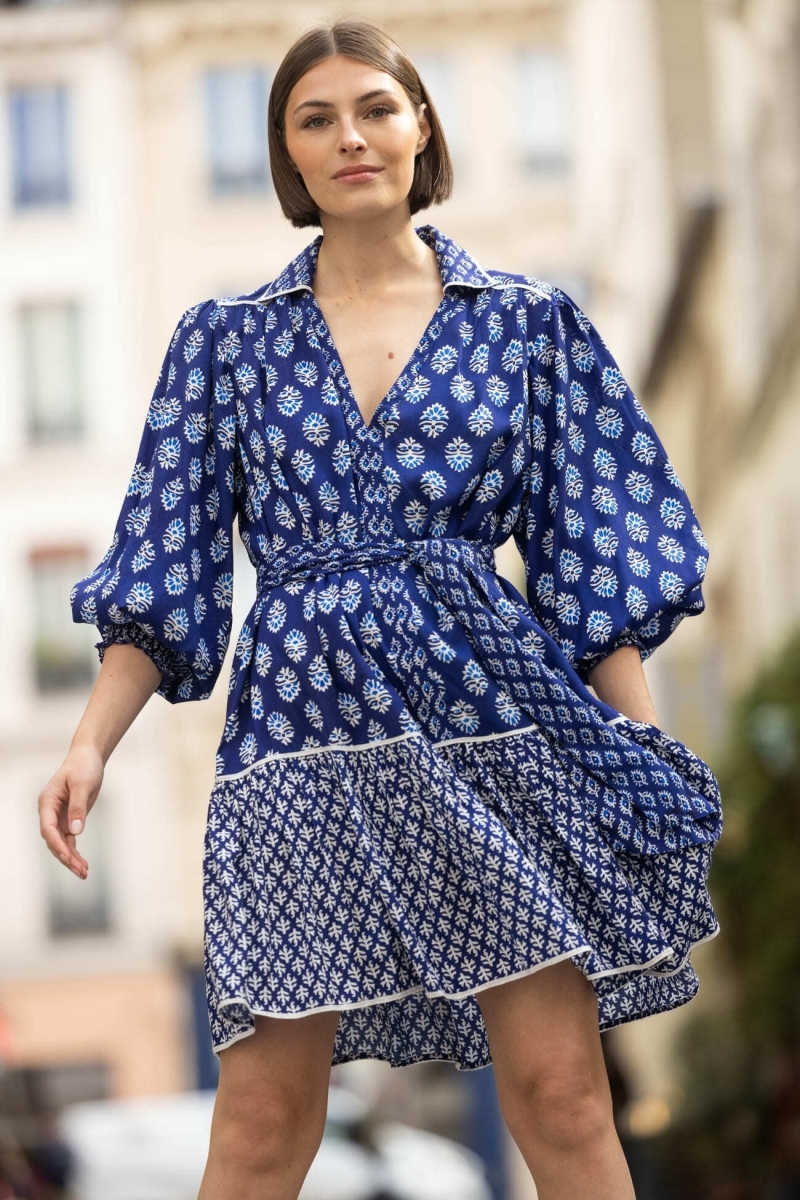 Vestido curto Alix - azul marinho - motivos brancos - Miss June Paris - 2