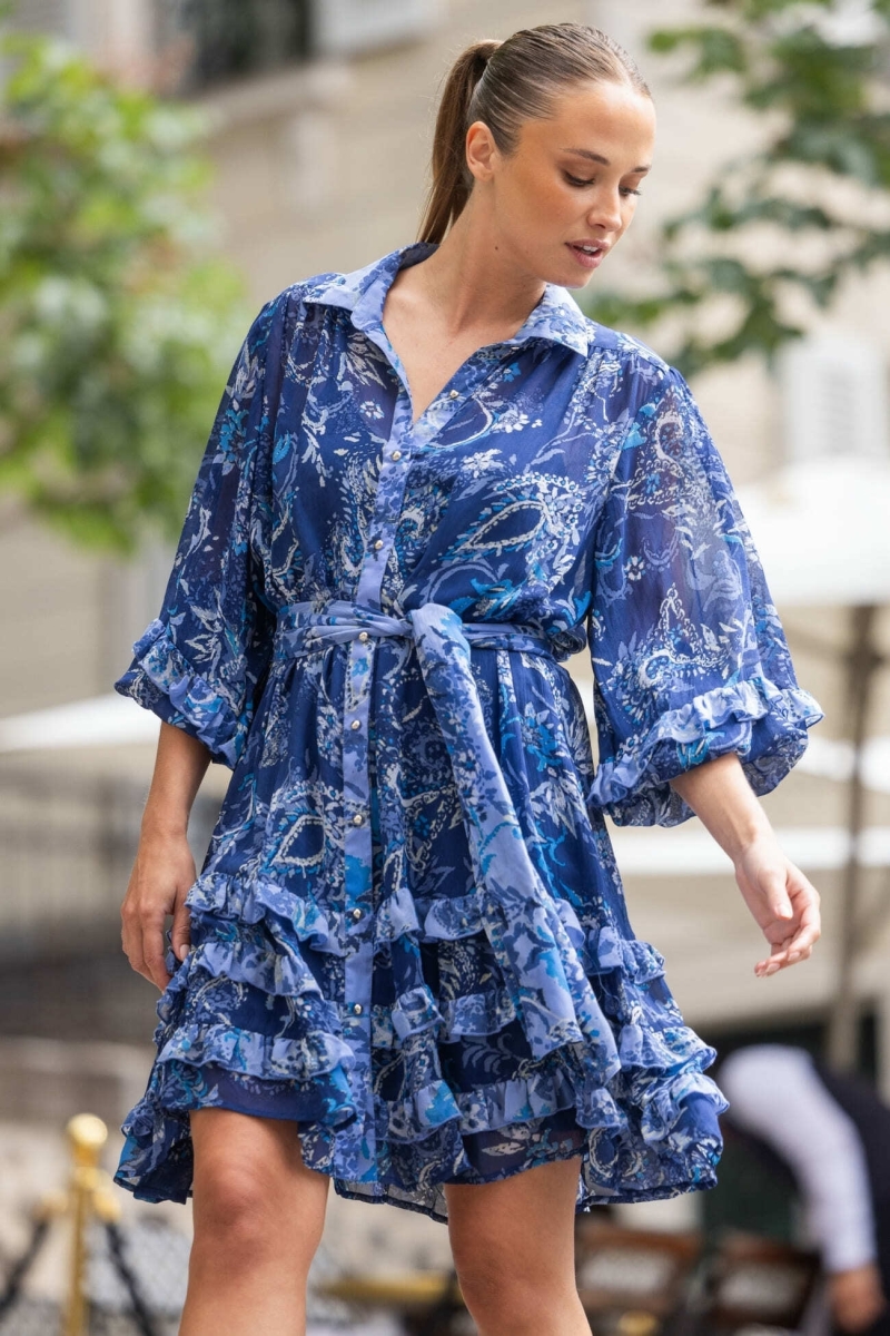 Vestido curto azul Philippine - motivos em branco e azul - Miss June Paris - 1
