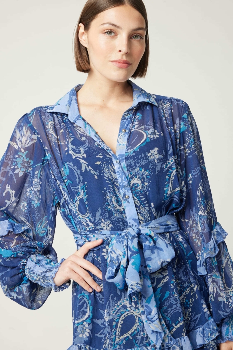 Philippine blue short dress - white and blue patterns - Miss June Paris - 5