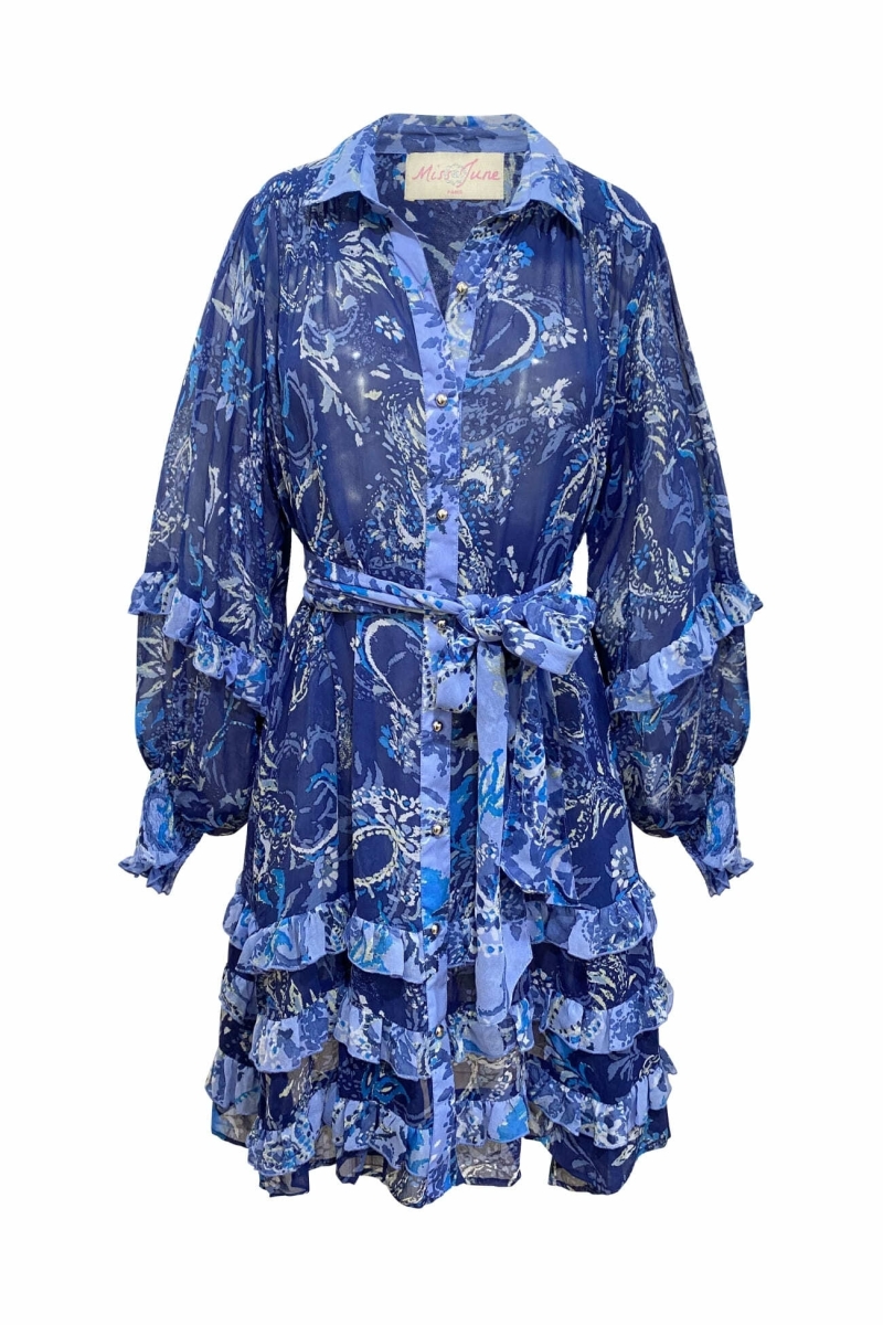 Vestido curto azul Philippine - motivos em branco e azul - Miss June Paris - 6