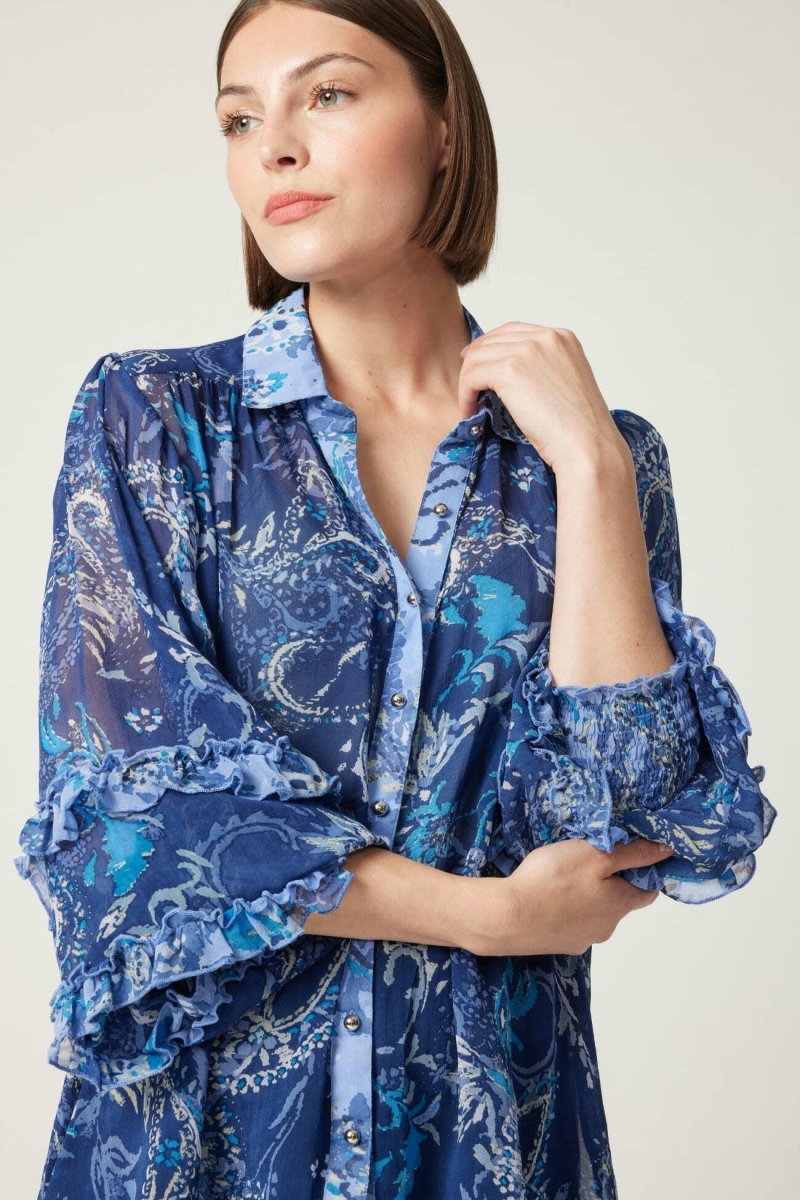 Camisa azul Ninon - estampas em azul e branco - Miss June Paris - 1