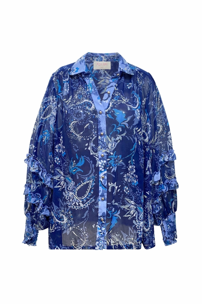 Ninon women's blue shirt - blue and white patterns - Miss June Paris - 6