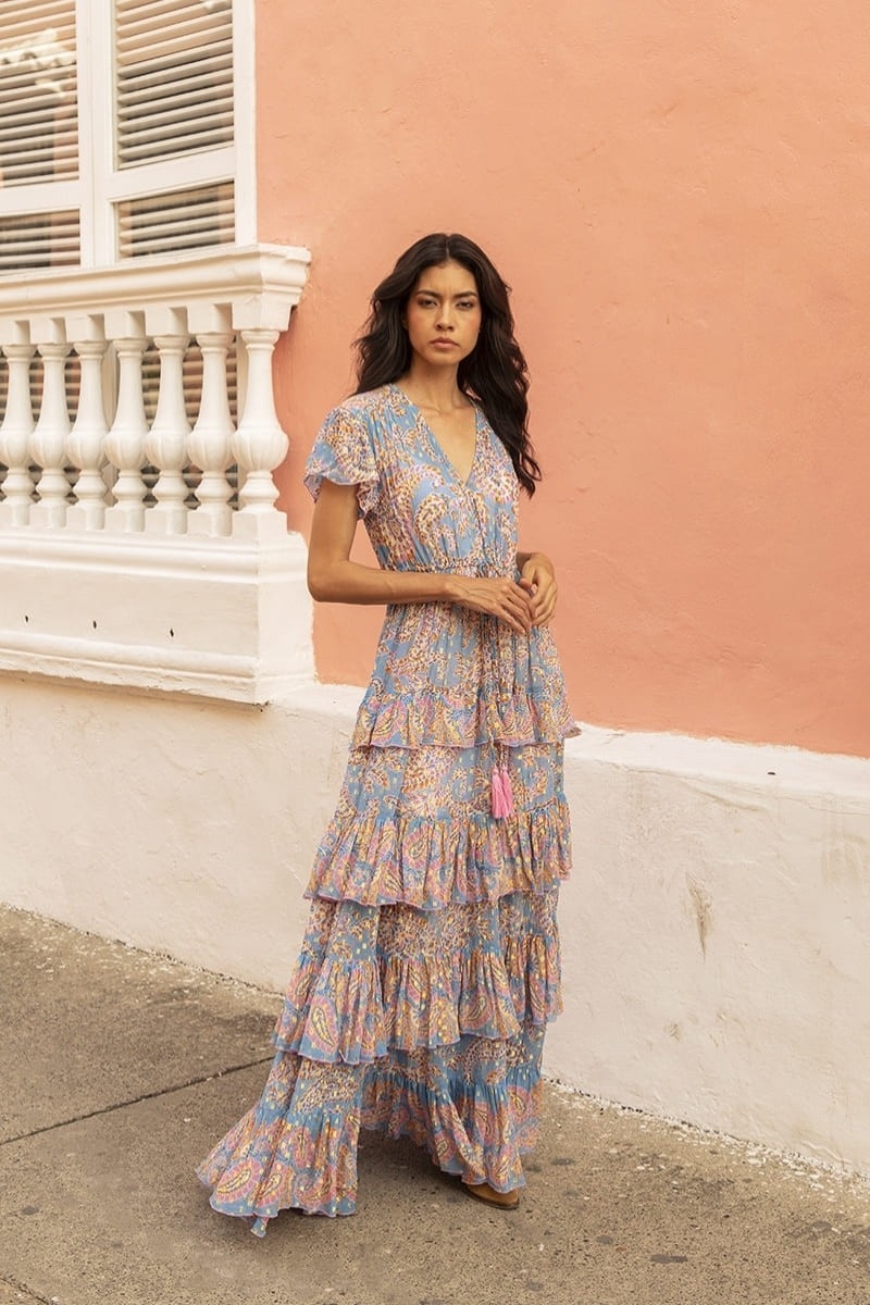 Anakarina long dress - color blue - pink and gold motifs - fluid drape - delicate ruffles - Miss June Paris - 3