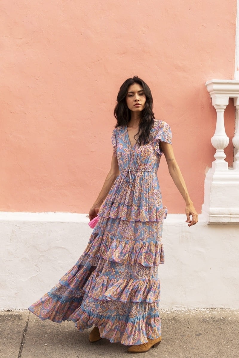 Anakarina long dress - color blue - pink and gold motifs - fluid drape - delicate ruffles - Miss June Paris - 2