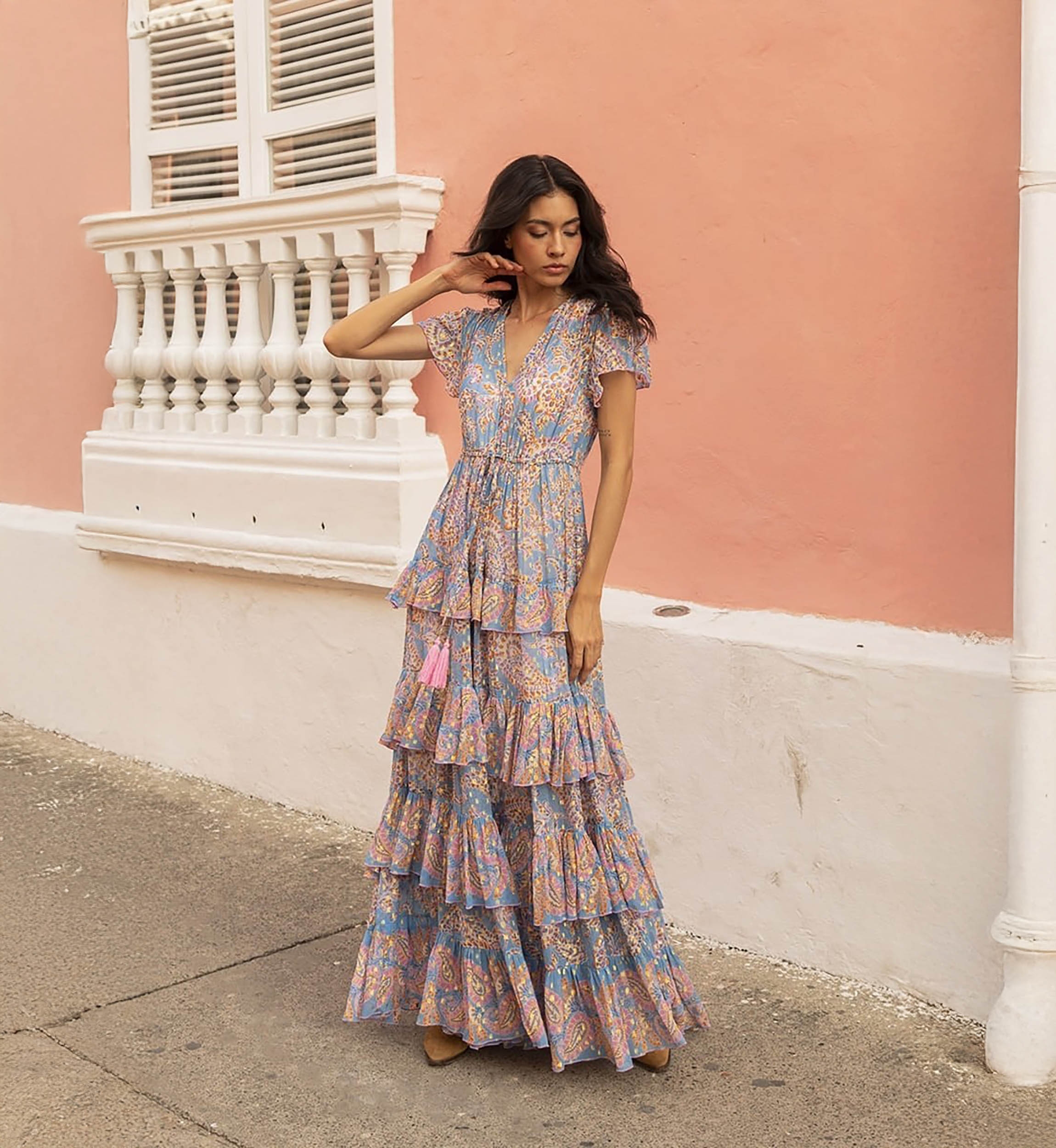 Anakarina long dress - color blue - pink and gold motifs - fluid drape - delicate ruffles - Miss June Paris - 1