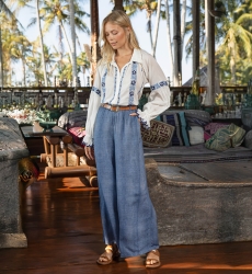 Calça Sola - tecido fluido com efeito denim - cintura elástica - Miss June Paris - 1