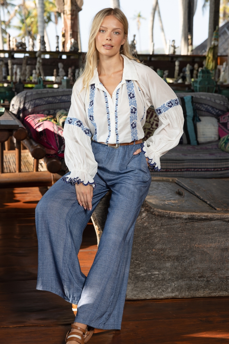 Calça Sola - tecido fluido com efeito denim - cintura elástica - Miss June Paris - 2