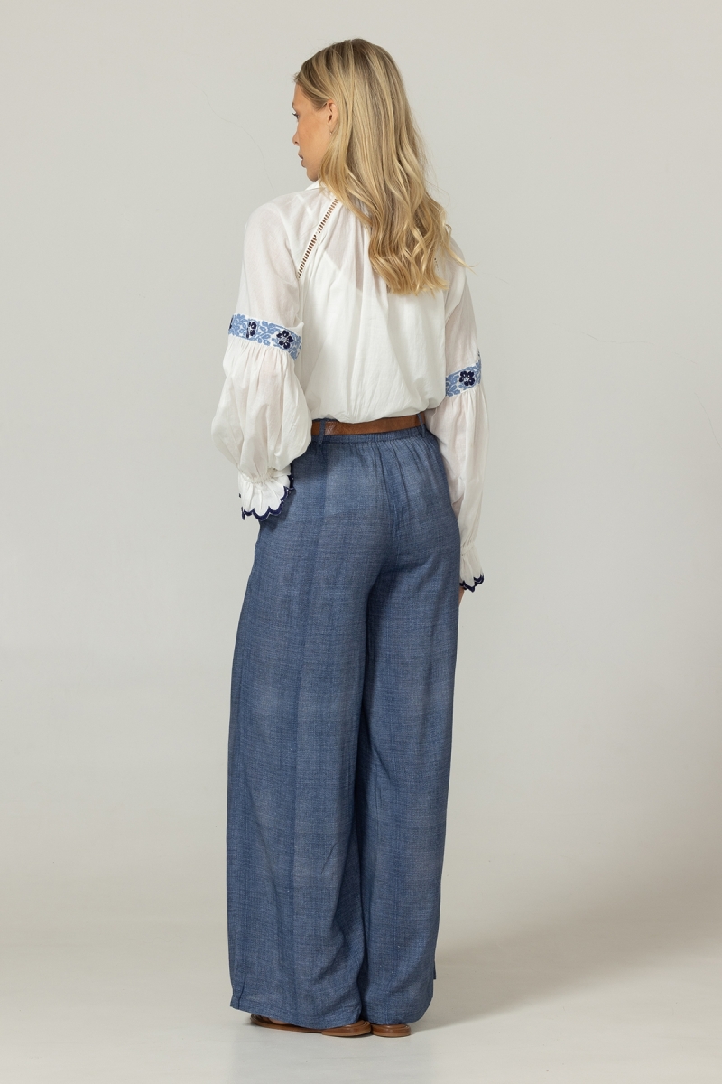 Calça Sola - tecido fluido com efeito denim - cintura elástica - Miss June Paris - 4
