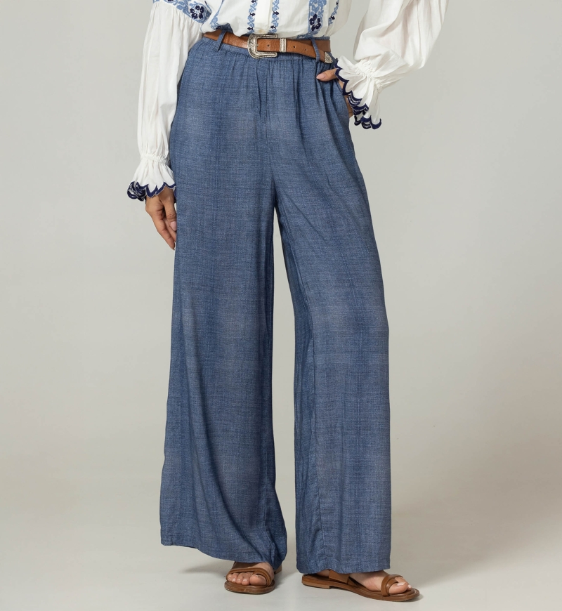 Pantalones Sola - tejido fluido con efecto denim - cintura elástica - Miss June Paris - 5