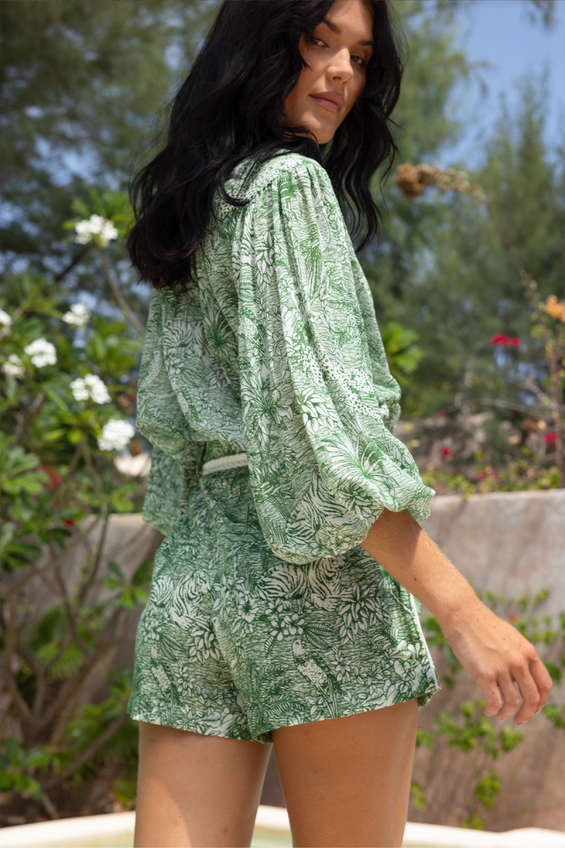 Shorts Mina verde - Estampa de selva - 100% algodão - Miss June Paris - 2