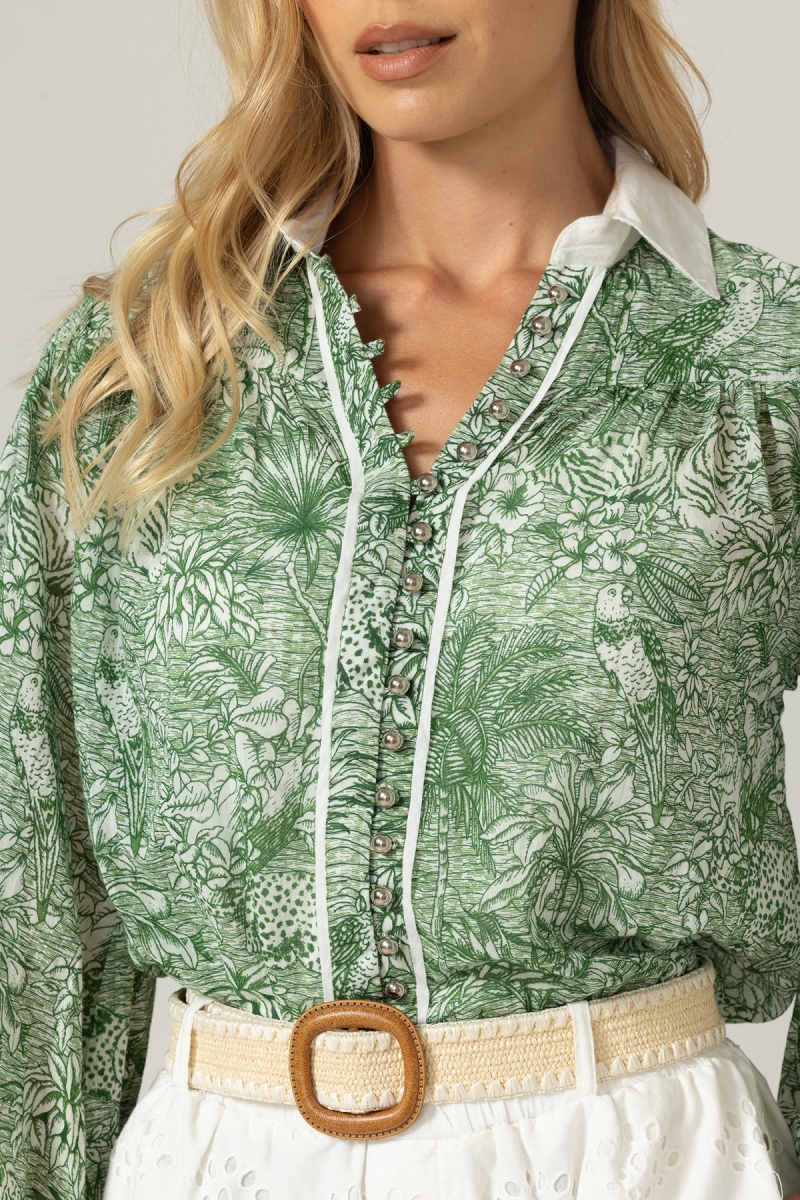 Camisa Mona verde - Estampa de selva - 100% voile de algodão - Miss June Paris - 5