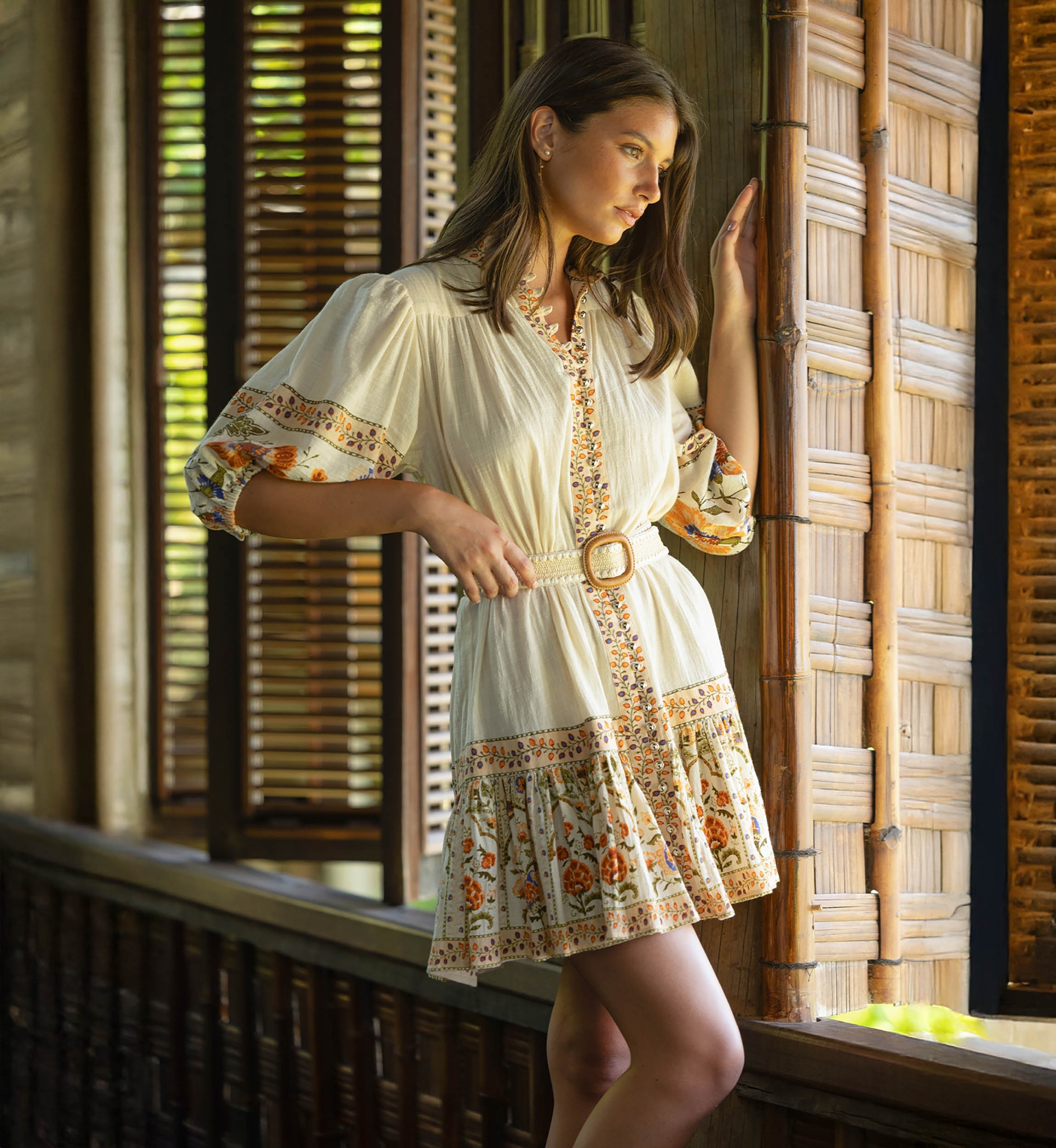 Vestido corto Risha - Estampado floral - Cinturón a juego - 100% algodón - Miss June Paris - 1