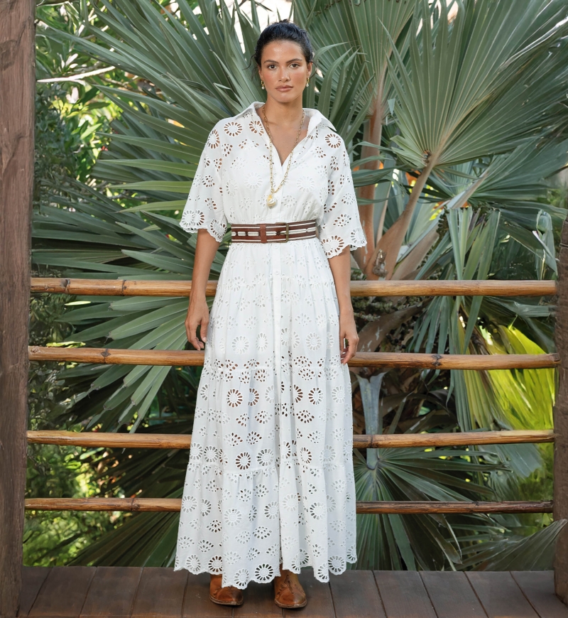 Gardenia Long Dress - English Embroidery - 100% Cotton - Miss June Paris - 1