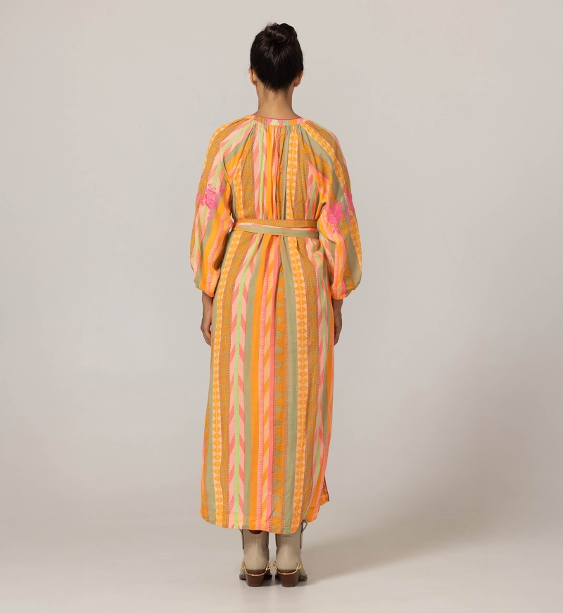 Aiden long dress - adorned with embroidery - 100% cotton - matching belt - Miss June Paris - 4