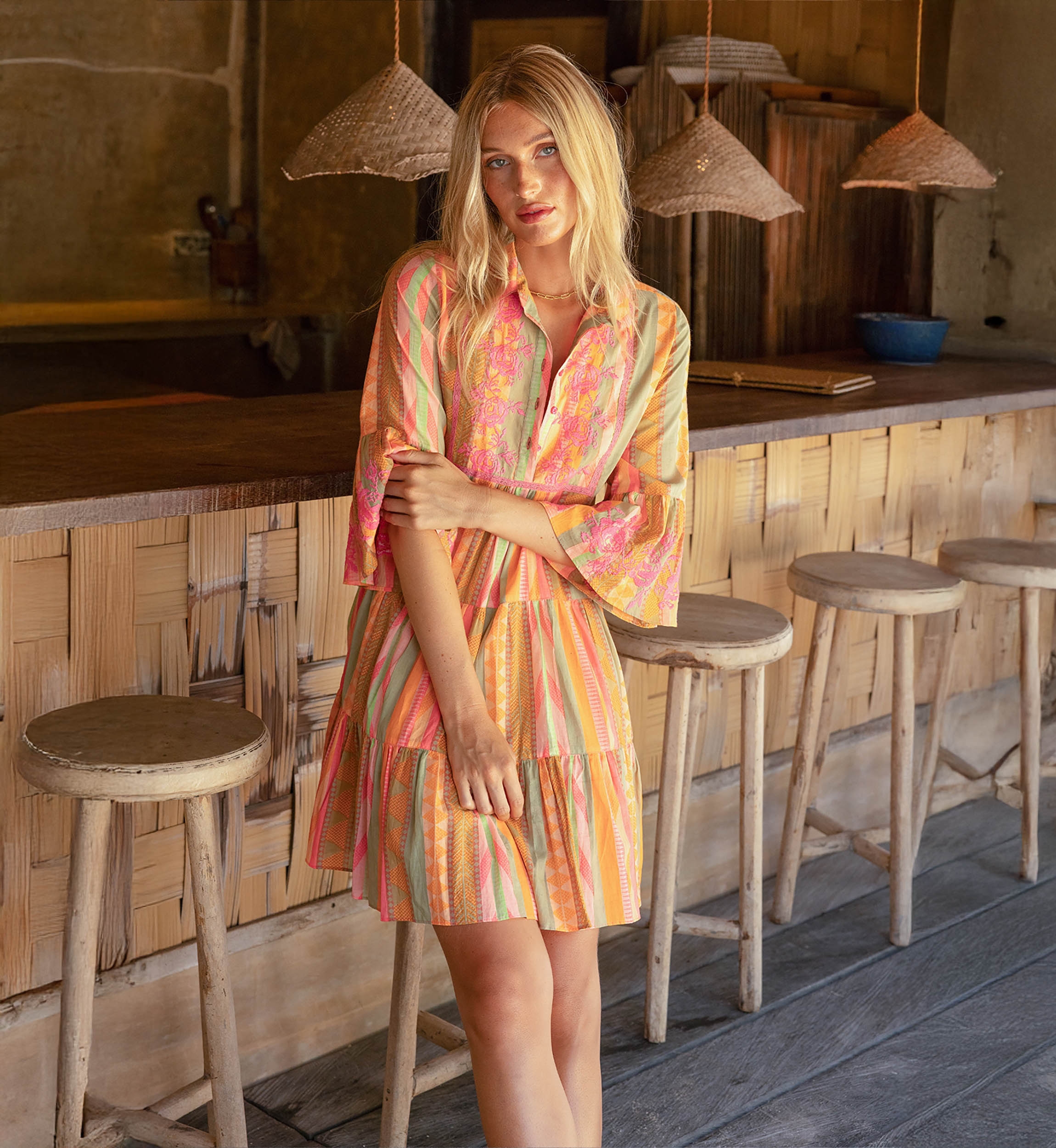 Vestido corto Akira - adornado con bordados - 100% gasa de algodón - rayas de colores vibrantes - Miss June Paris - 2