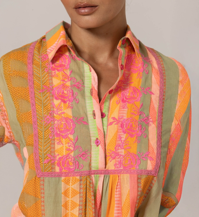 Akira short dress - adorned with embroidery - 100% cotton voile - vibrant striped pattern - Miss June Paris - 5