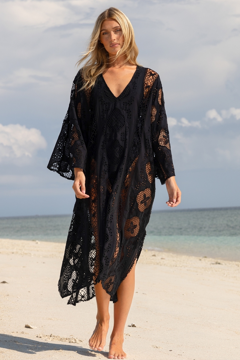 Caftan longo Eden preto - Bordado inglês - 100% algodão - Miss June Paris - 1