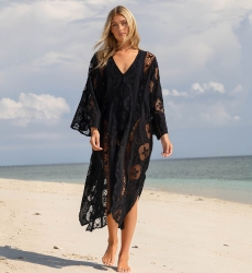 Caftan longo Eden preto - Bordado inglês - 100% algodão - Miss June Paris - 1