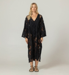 Caftan longo Eden preto - Bordado inglês - 100% algodão - Miss June Paris - 3