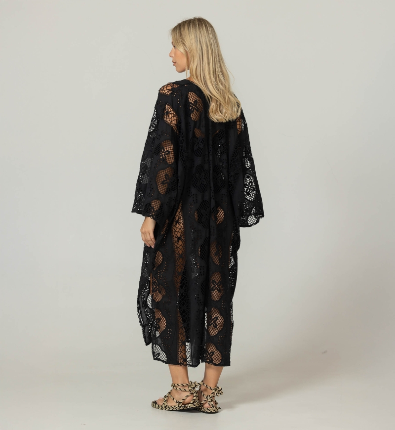 Caftan longo Eden preto - Bordado inglês - 100% algodão - Miss June Paris - 4