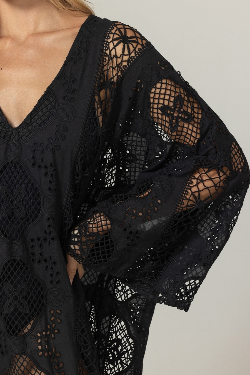 Caftan longo Eden preto - Bordado inglês - 100% algodão - Miss June Paris - 5