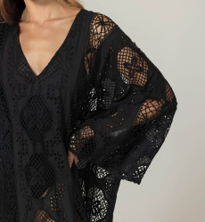Caftan longo Eden preto - Bordado inglês - 100% algodão - Miss June Paris - 5