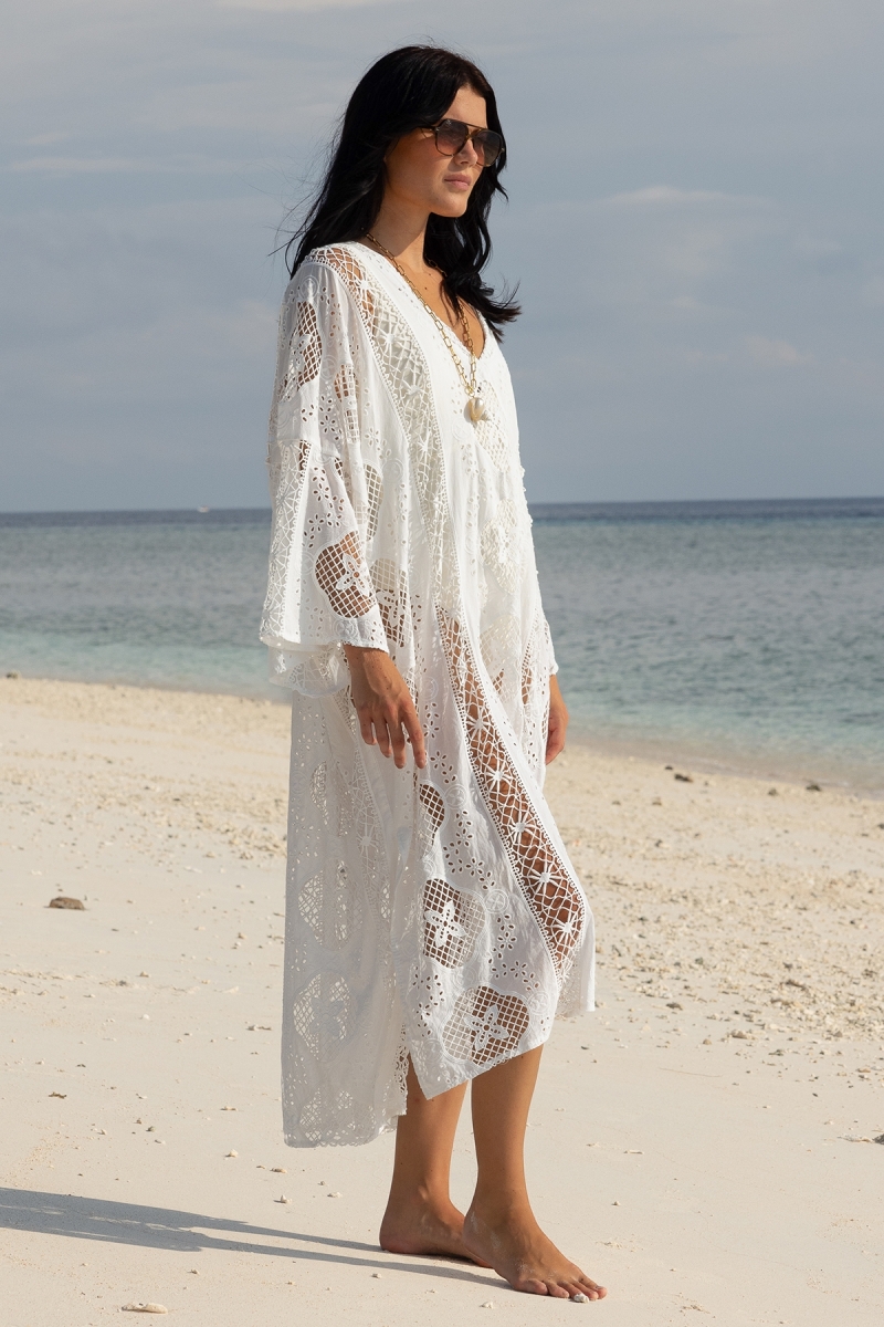 Caftan longo Eden branco - Bordado inglês - 100% algodão - Miss June Paris - 1