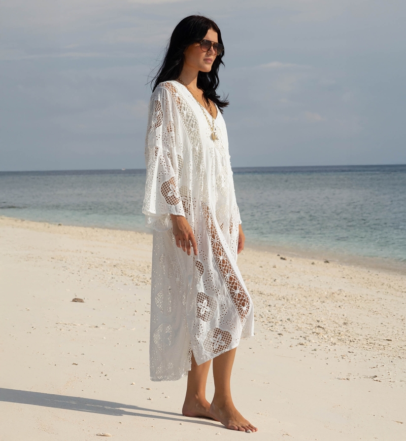 Caftan longo Eden branco - Bordado inglês - 100% algodão - Miss June Paris - 1